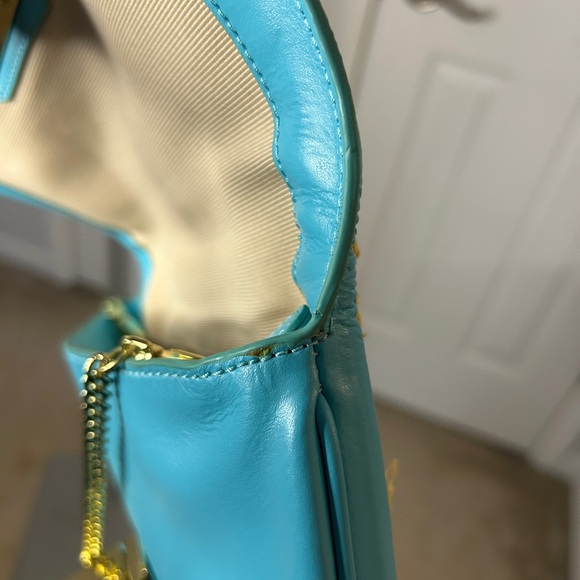 Talbots Aqua Leather and Straw Clutch Crossbody Bag Gold Chain - Picture 10 of 10